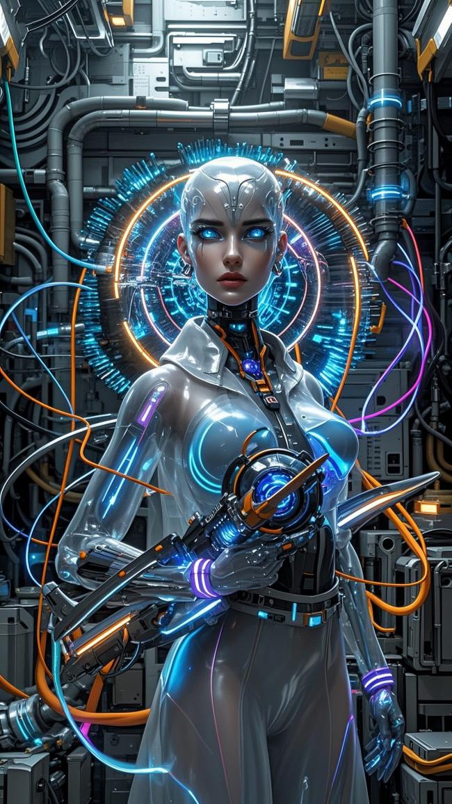 赛博朋克女机甲战士霓虹夜景