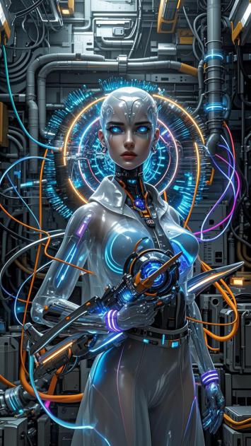 赛博朋克女机甲战士霓虹夜景