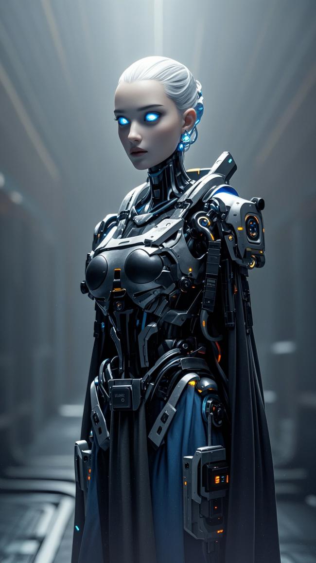 赛博朋克女机甲战士科幻夜景图