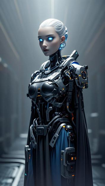 赛博朋克女机甲战士科幻夜景图