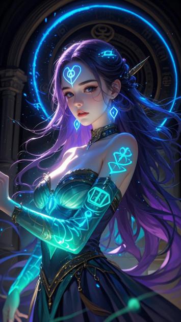 赛博精灵：霓虹符文少女插画