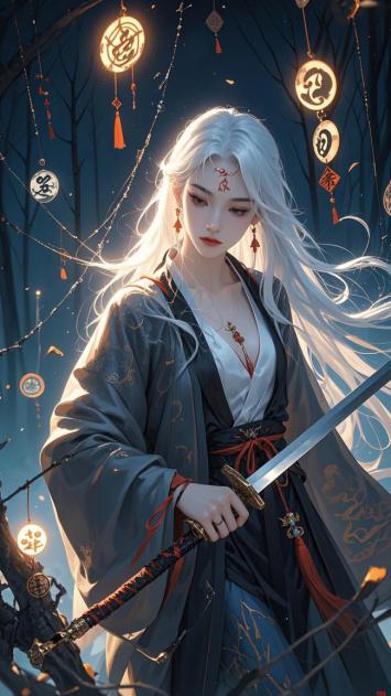 银发剑客立林间，灯笼映月显仙风