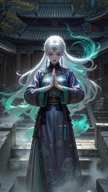 银发仙子立古寺台阶，青灵环绕如梦似幻