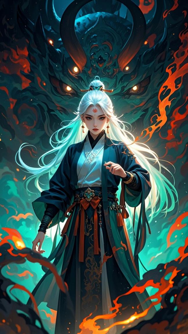 白发仙侠女立于火焰神兽前，仙侠玄幻风震撼视觉