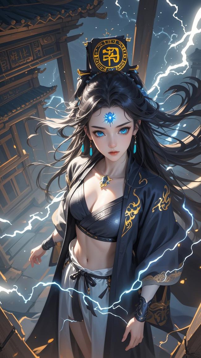 雷电仙子立古阁，黑金汉服展仙姿