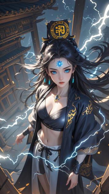 雷电仙子立古阁，黑金汉服展仙姿