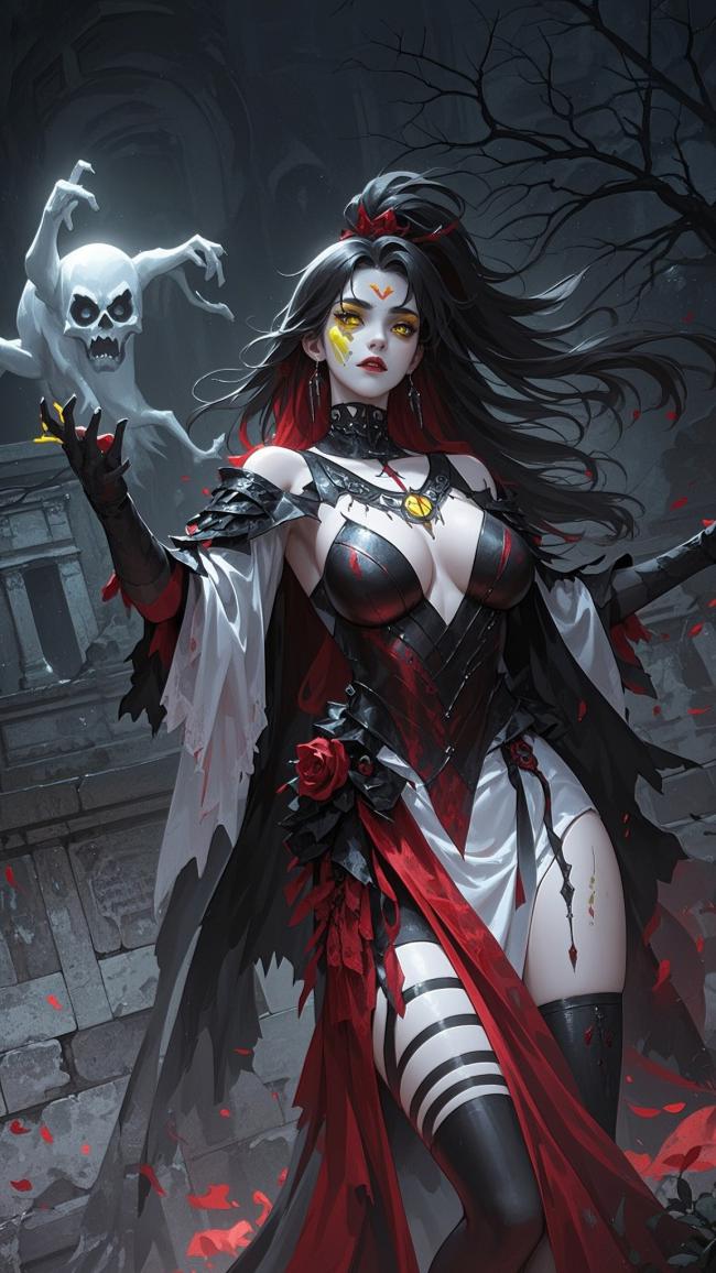 暗黑女战士与幽灵骷髅的哥特幻想场景