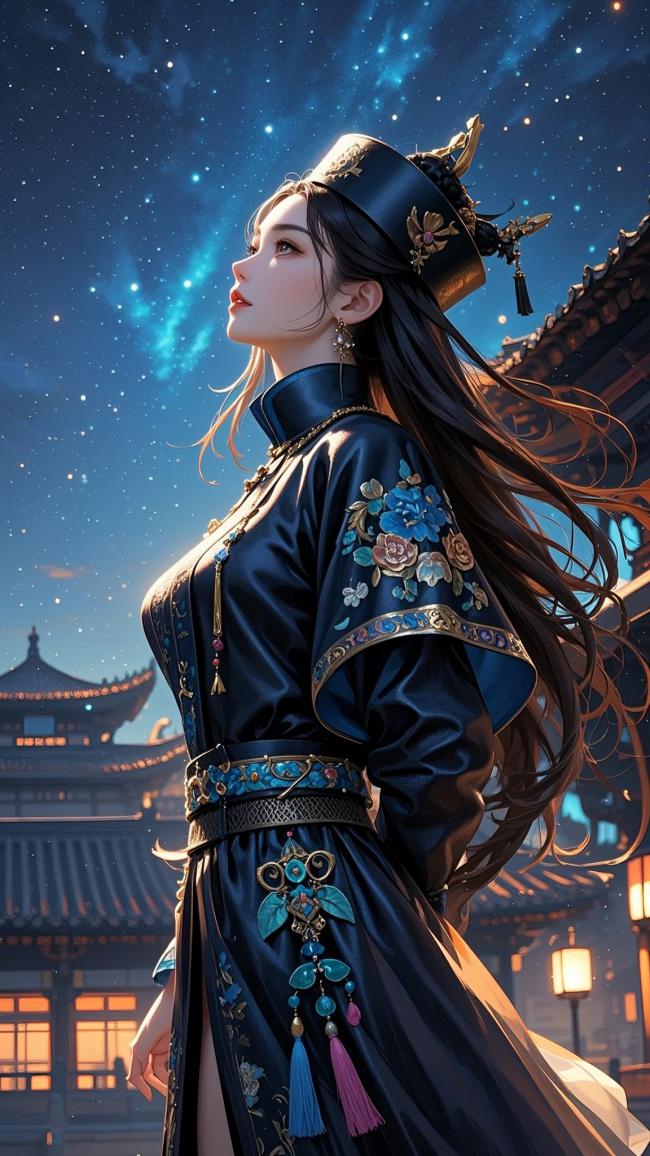 星夜下的古风仕女，华服绣花映苍穹