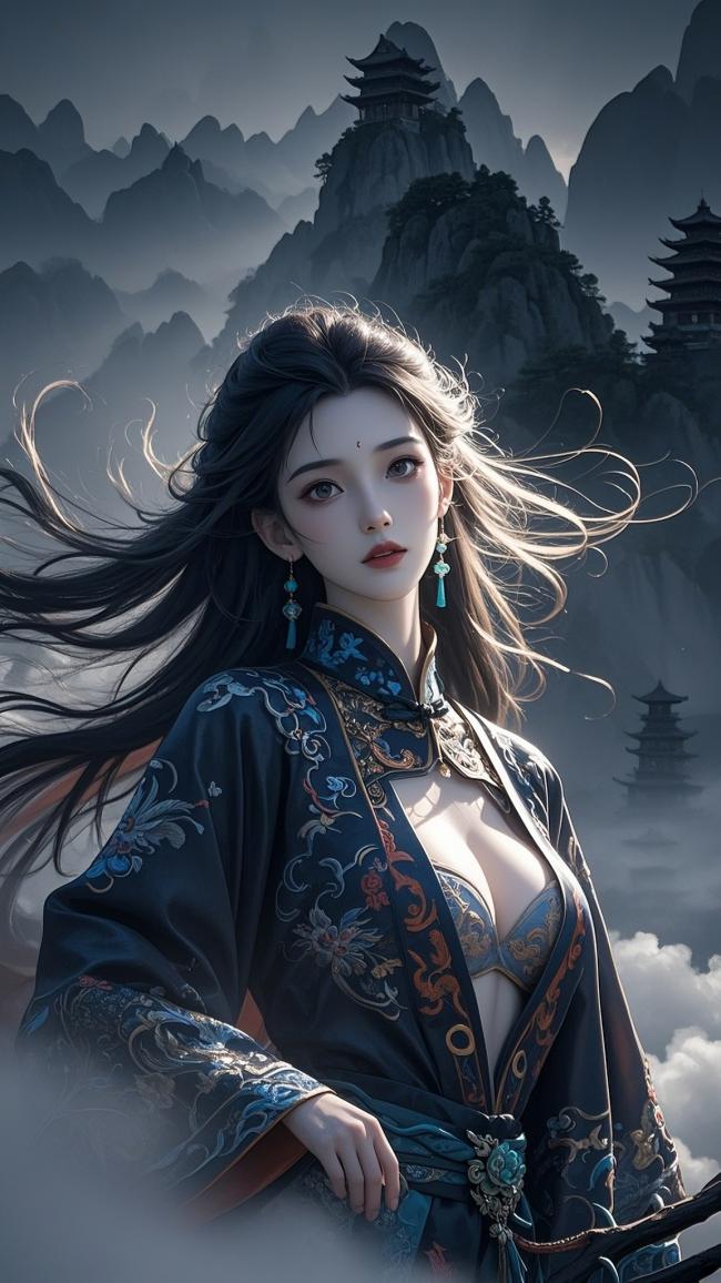 仙侠女子立云巅，汉服刺绣映山川