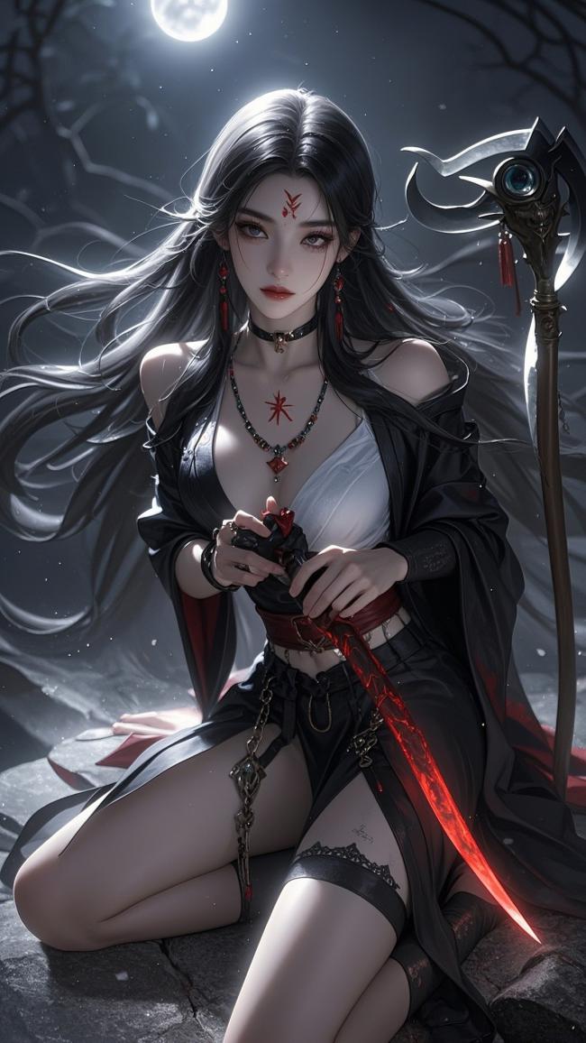 月夜暗影女武者持刃而坐，血色符文与冷光交织