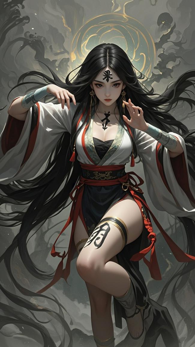 仙侠玄幻黑发女修，符文缠身，云雾缭绕