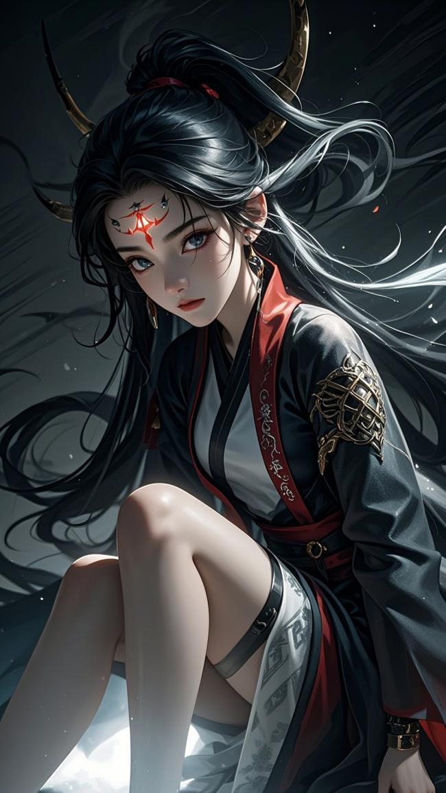 仙侠少女黑发红纹战袍插画