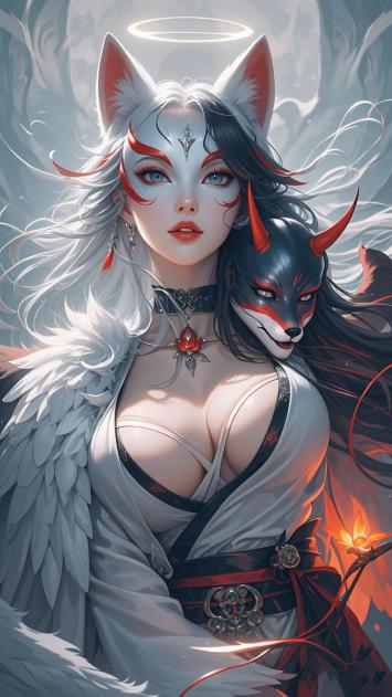 狐妖少女与神兽面具的奇幻插画