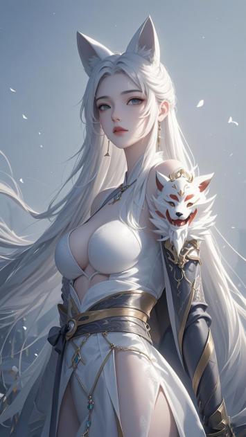 银发狐耳仙侠少女3D插画