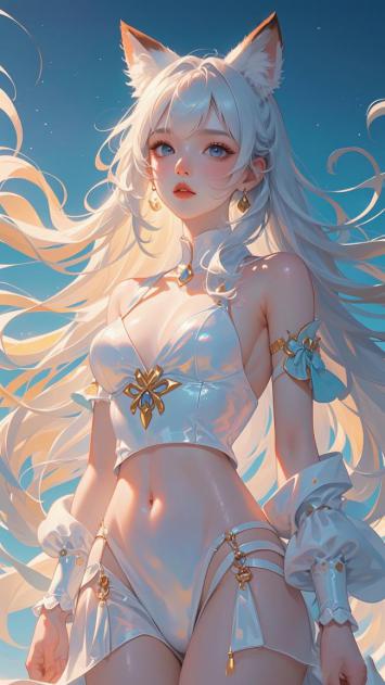 狐耳少女赛璐璐插画，银白战衣闪耀星空