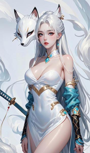 白狐仙姬赛璐璐插画，仙侠战衣持剑而立
