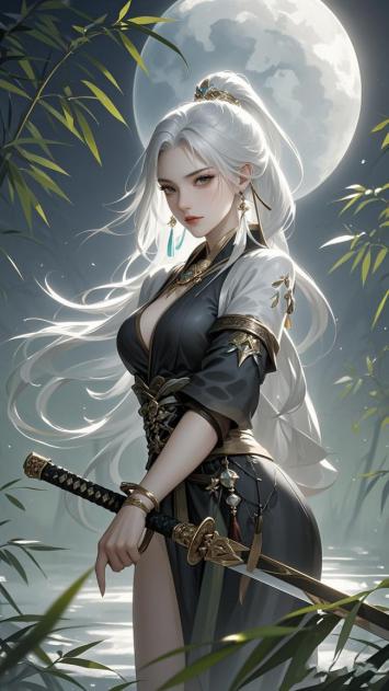 月下竹林银发剑客，仙侠风写实美图