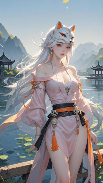 白发狐面仙子立桥畔，汉服荷塘映山色