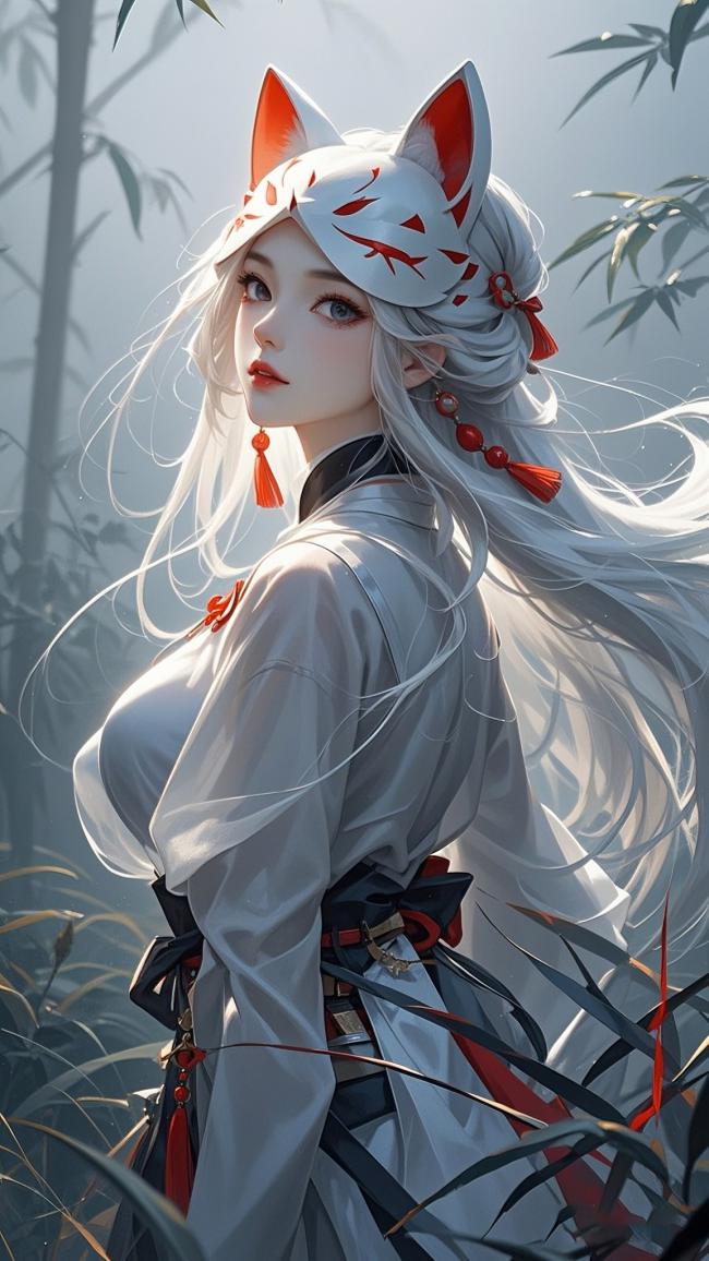 银发狐女竹林写真：日系动漫风格插画