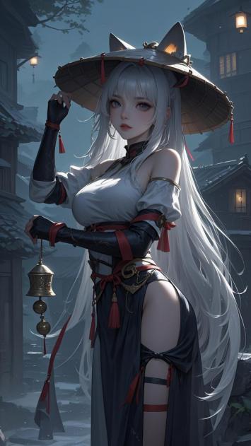 雪夜古街猫耳少女汉服立绘插画