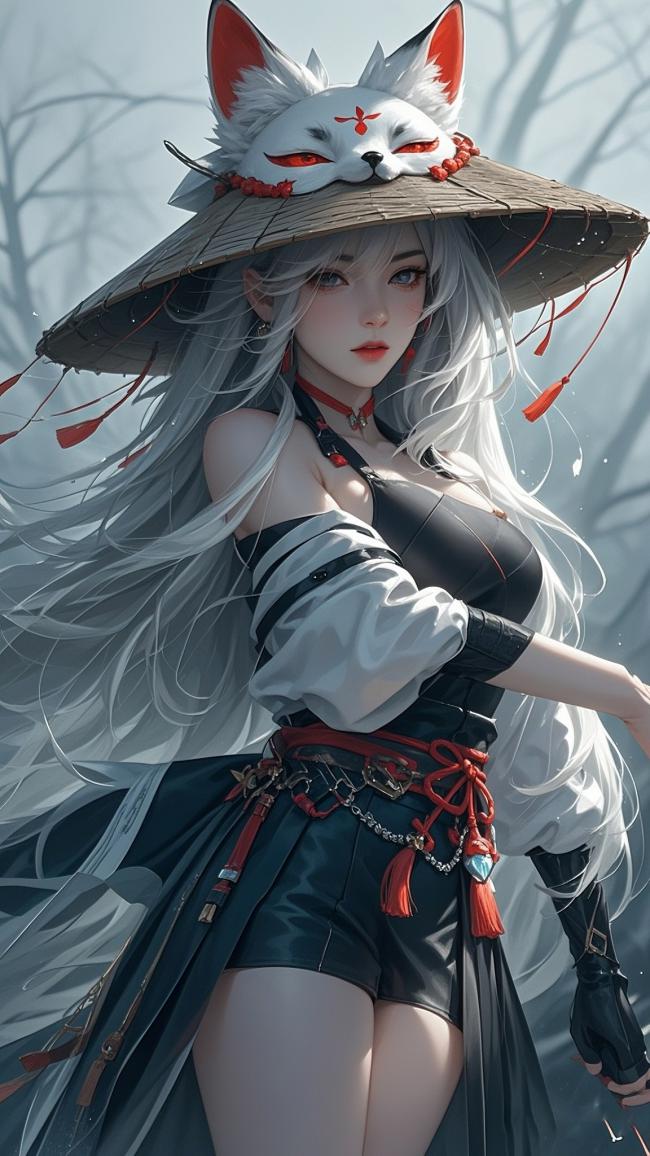 银发狐女雪林伫立，日式动漫风绝美插画