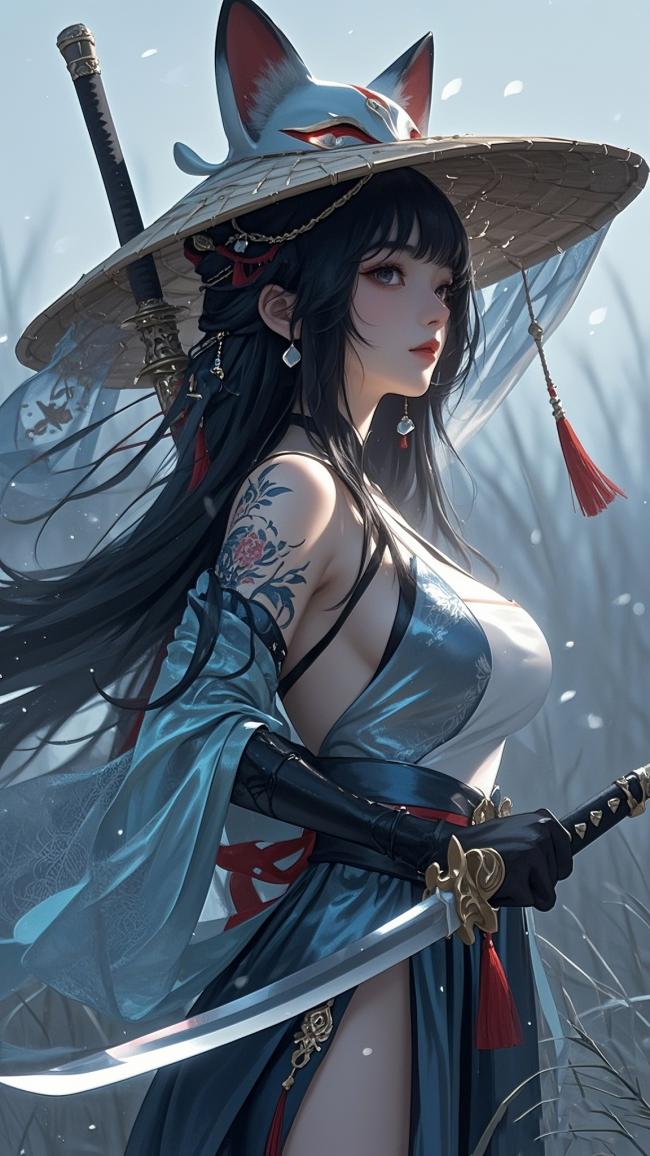 狐耳忍者持剑立雪图