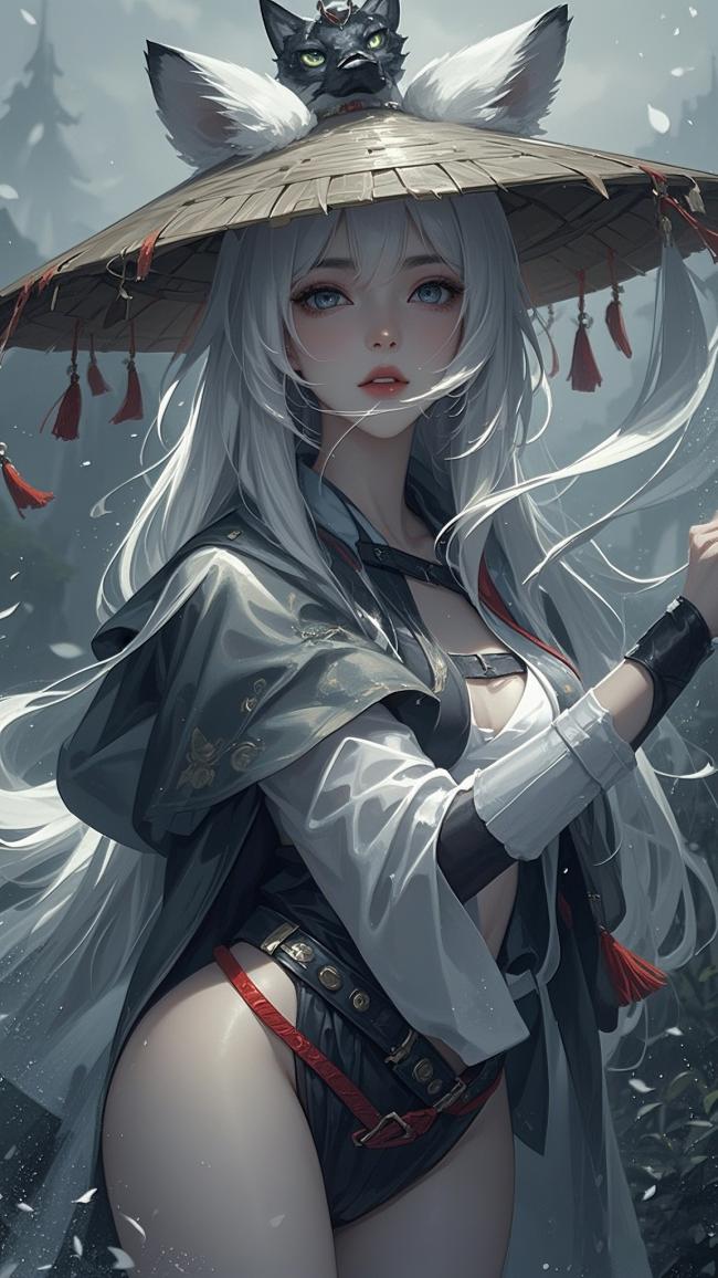 银发狐耳女战士：古风战甲飘雪写真