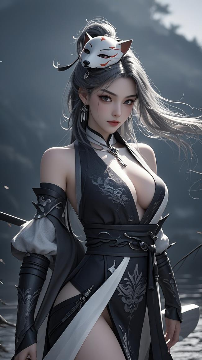 仙侠狐面女战士3D渲染图