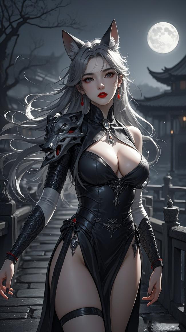 月夜古桥猫耳女战士写实插画