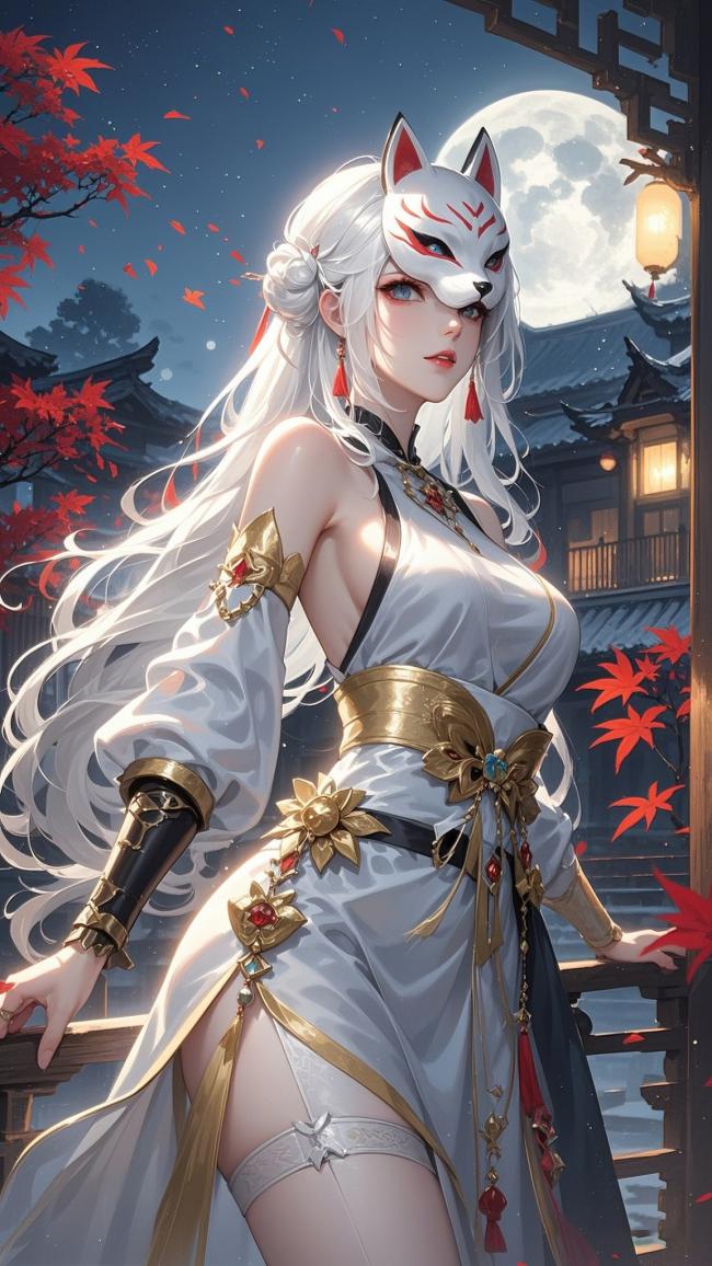 月下狐女和风写真插画