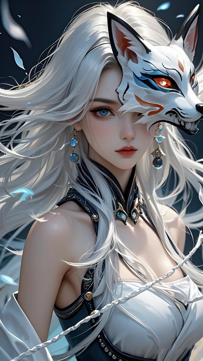 银发狐面仙子，仙侠玄幻风绝美立绘