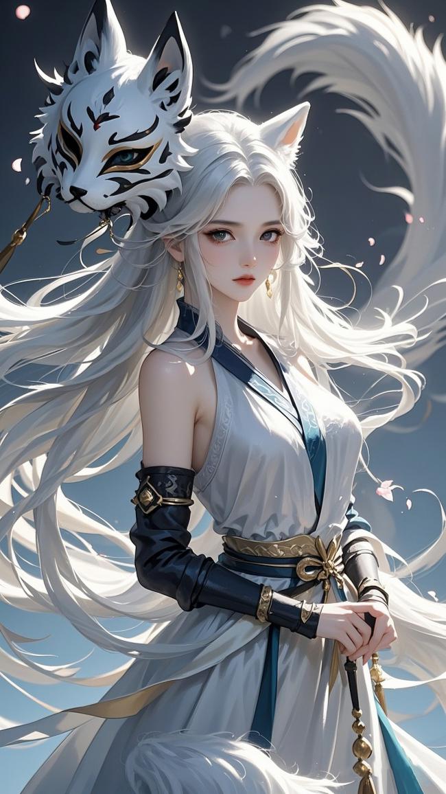 银发狐妖少女古风写真，仙气飘飘持狐面面具