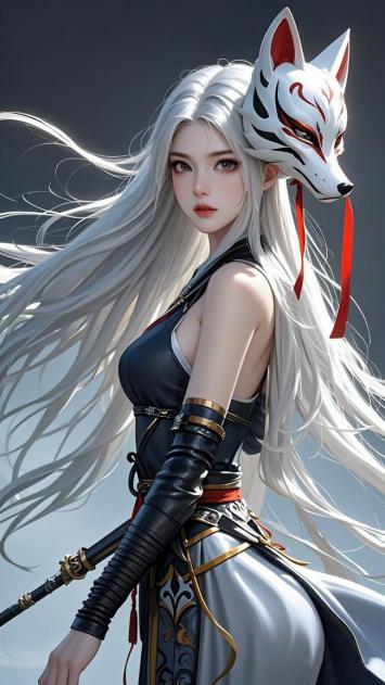 银发狐面女武士3D插画