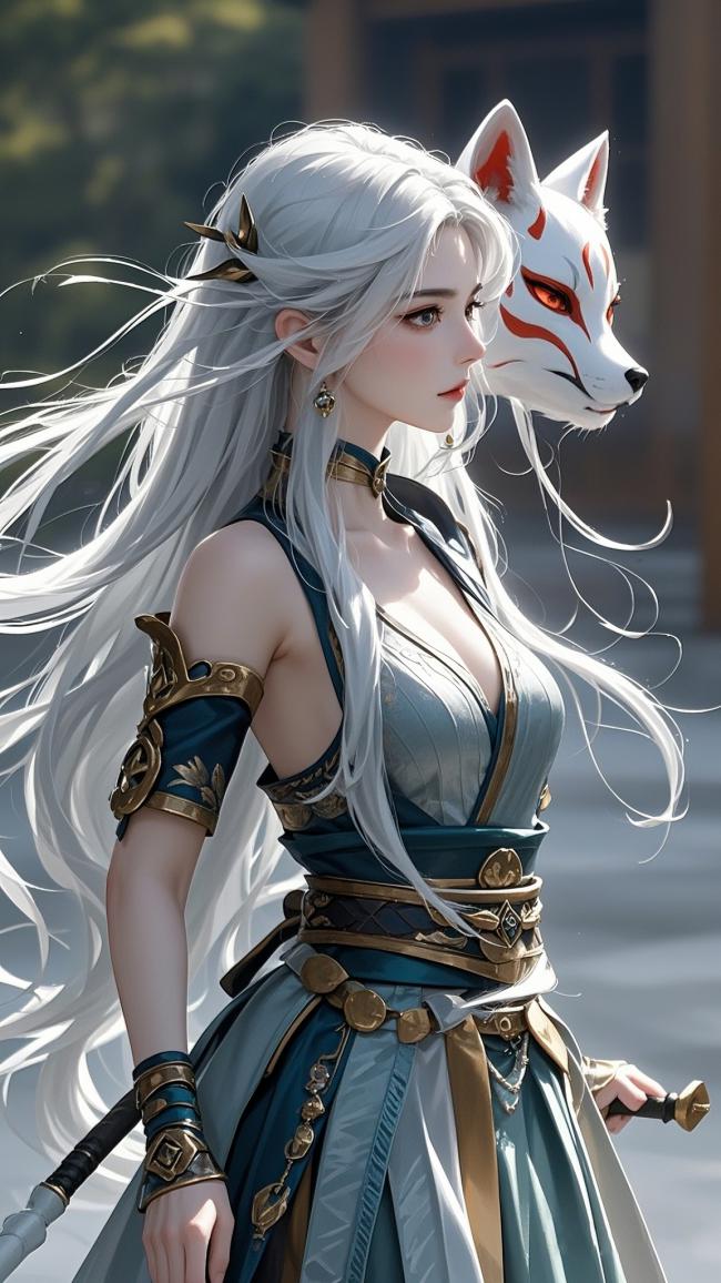 银发狐面女战神：仙侠风8K写实插画