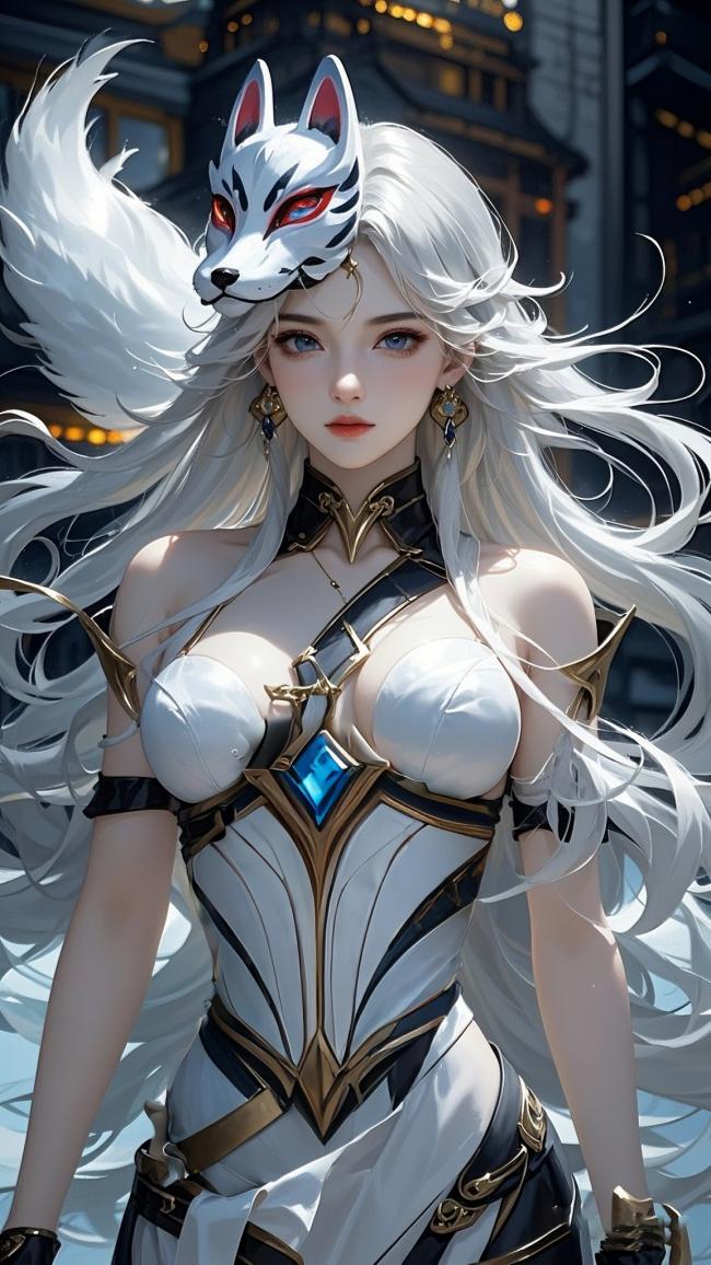 白发狐面少女赛博战甲插画