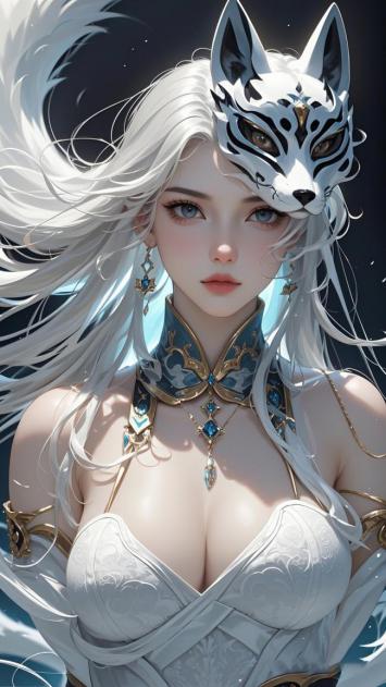 白发狐面少女奇幻插画