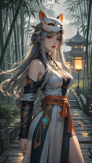 狐耳仙子竹林漫步，古风仙侠玄幻插画