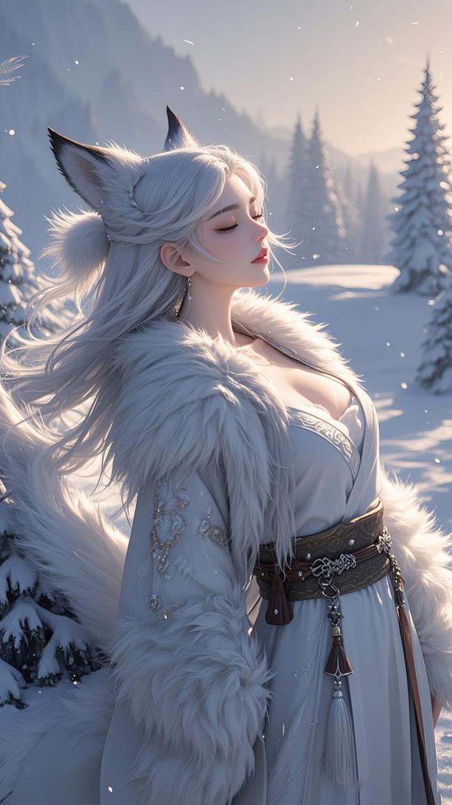 雪原狐女写实插画，银发飘逸，毛绒斗篷映日光