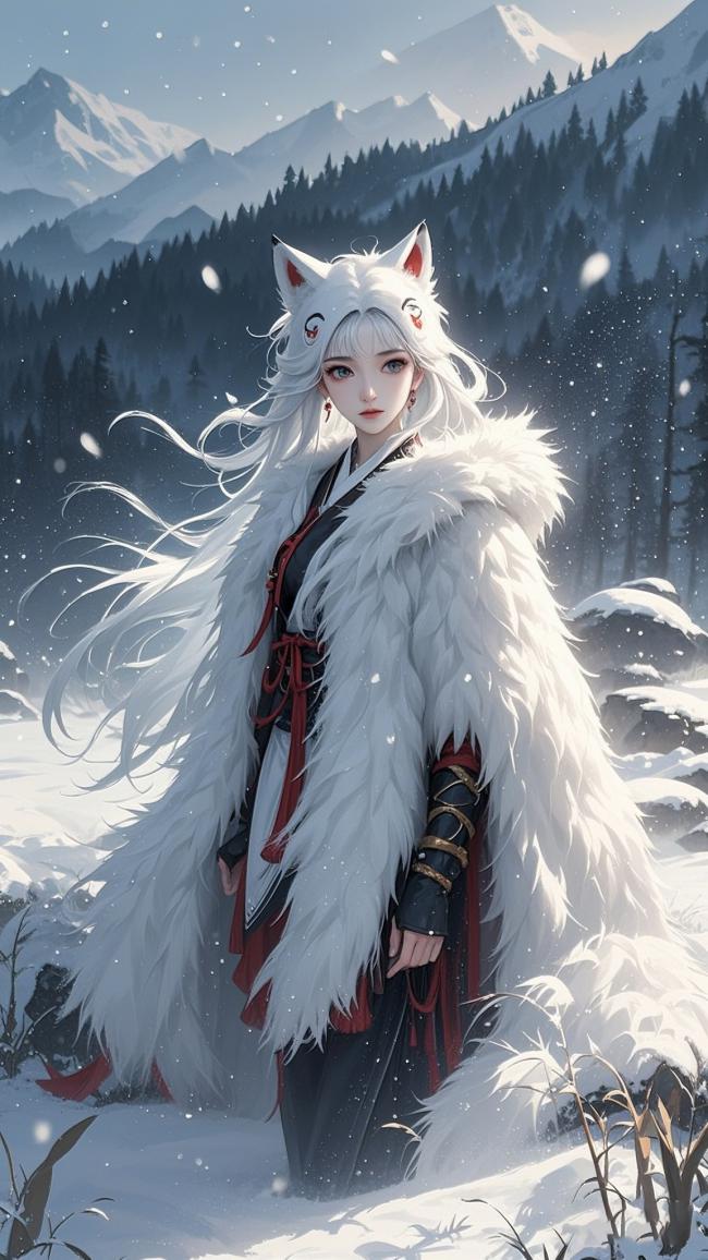 雪中狐耳少女动漫插画
