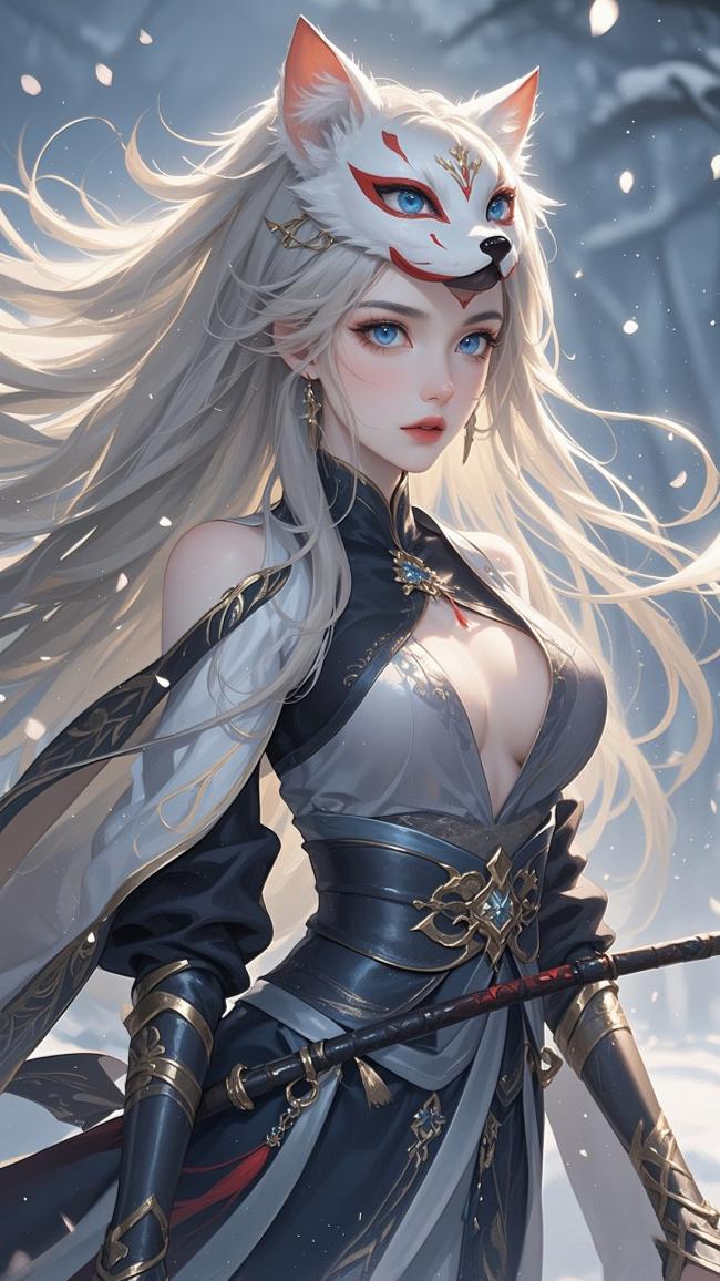 狐面仙姬雪中持剑图