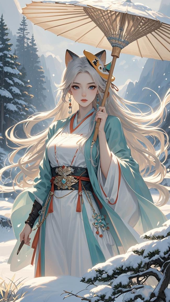 雪中狐耳仙子持伞立雪景