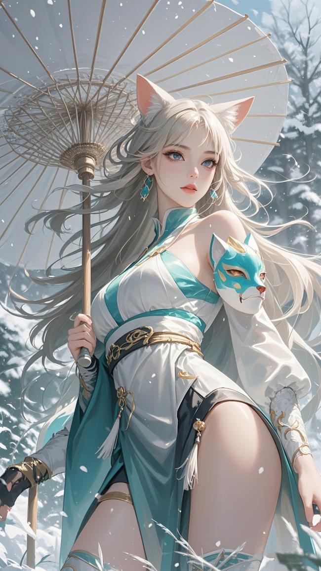 雪中狐耳少女持伞插画，东方幻想风