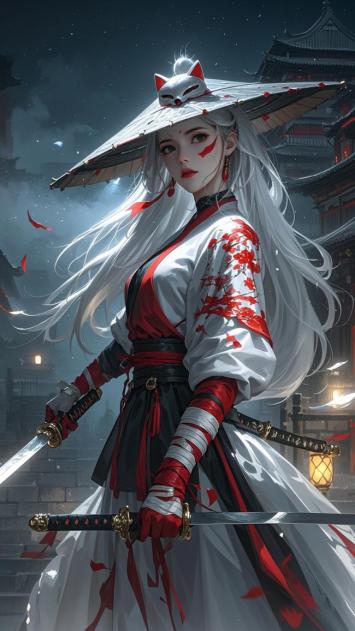 银发狐面女武士持剑立古楼夜景