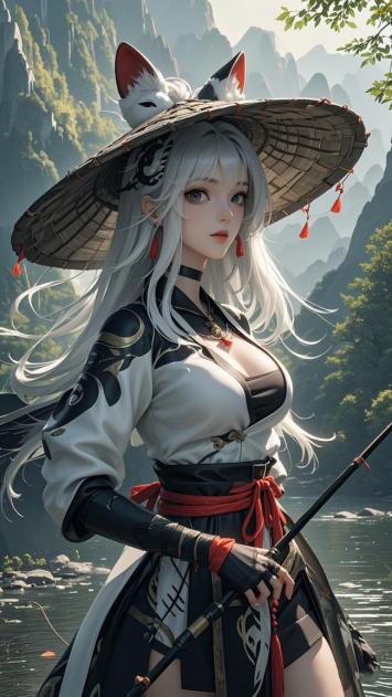 银发狐耳仙侠少女持剑立于山水间