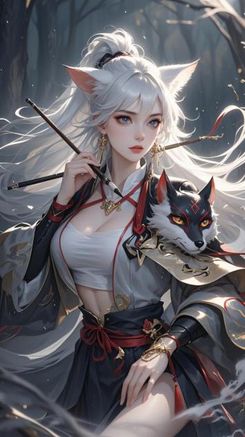银发狐女持笔立林间，新国潮仙侠风插画