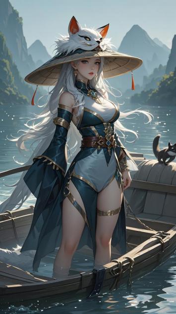 银发狐耳女战士立舟观山图