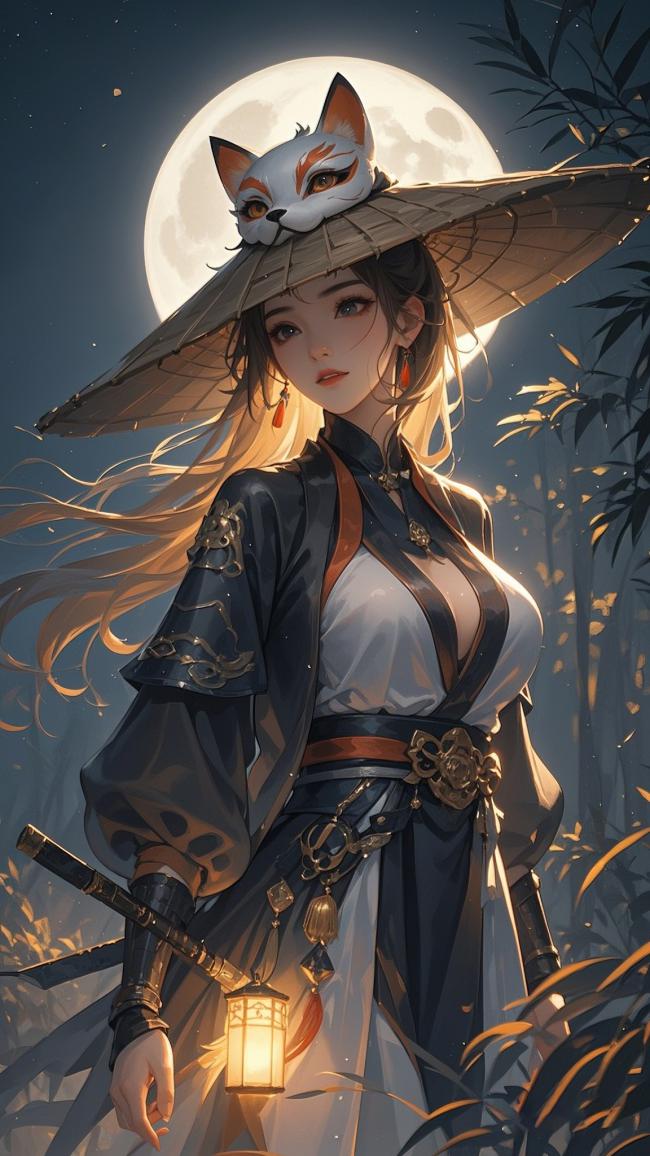 月夜竹林狐面少女汉服插画