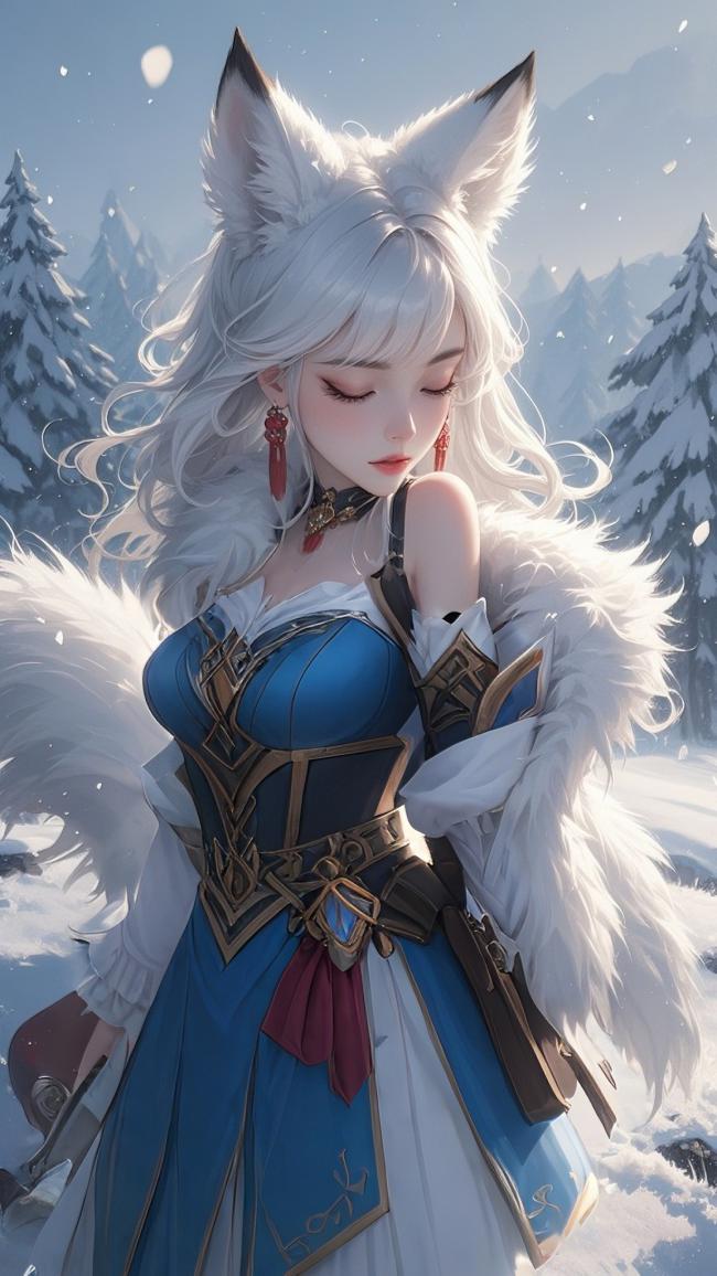 雪原狐耳少女插画，蓝白战袍配金饰，冬日松林静谧如诗