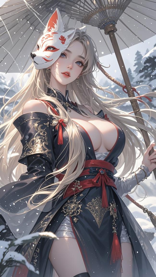 雪中狐女持伞立，仙侠玄幻风立绘