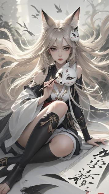 银发狐仙少女持笔绘狐面，和风动漫唯美插画